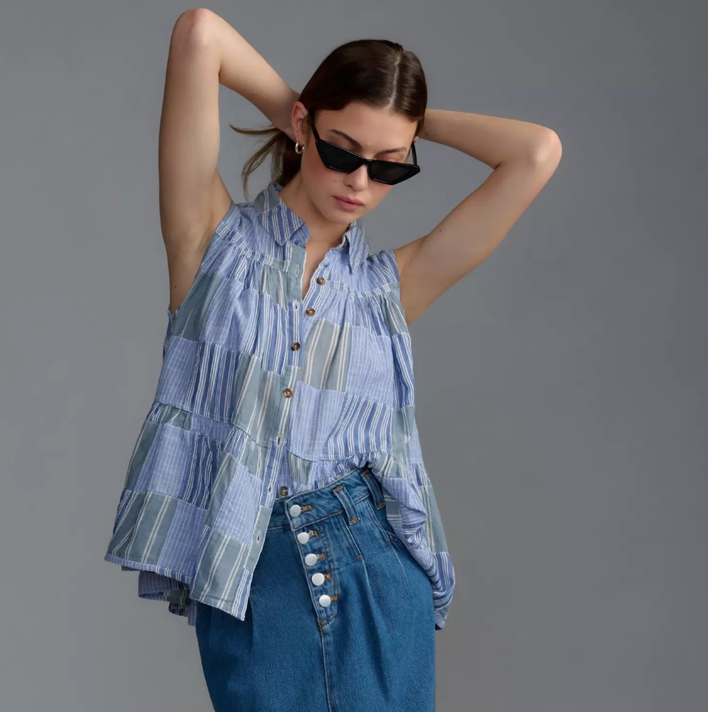 Pilcro Anthropologie Sleeveless Denim Multi Stripe‎ Button Front Tiered Top Sz M